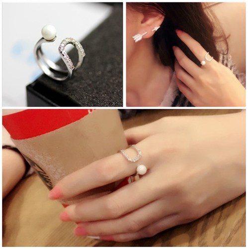 韩国微镶锆石珍珠欧美风开口戒指