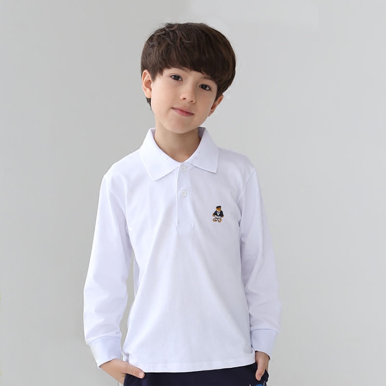 儿童长袖POLO衫纯色春秋中大童女童纯棉翻领小孩男童白色t恤体桖