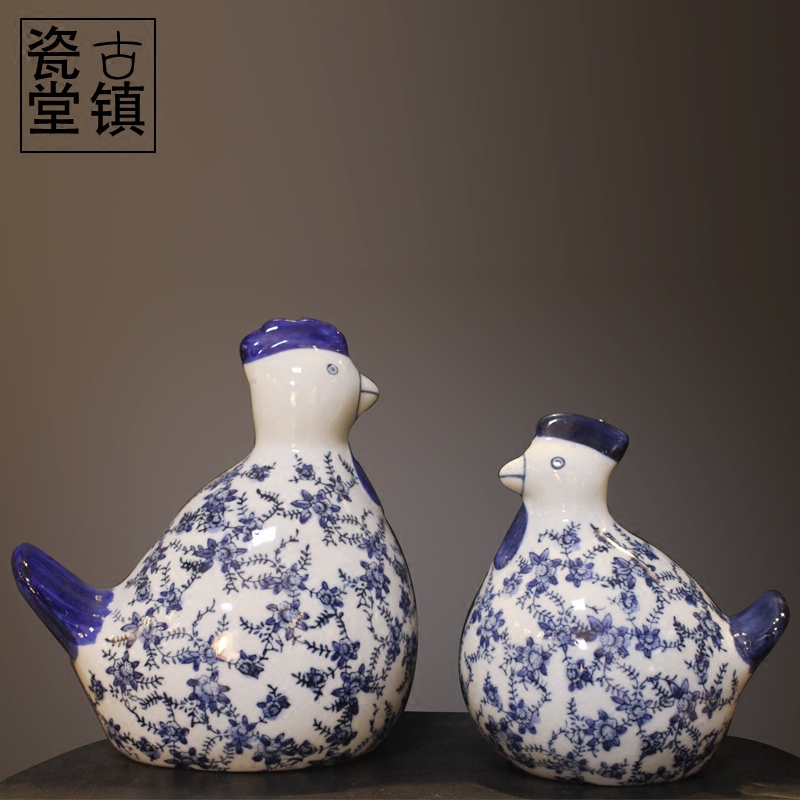 古典中式家具陶瓷青花鸡摆件 景德镇陶瓷软装饰招财桌面摆设对鸡