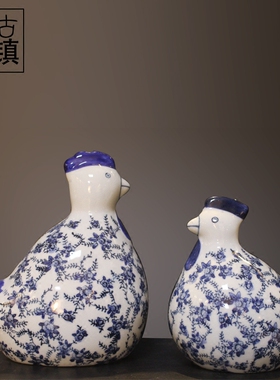 古典中式家具陶瓷青花鸡摆件 景德镇陶瓷软装饰招财桌面摆设对鸡