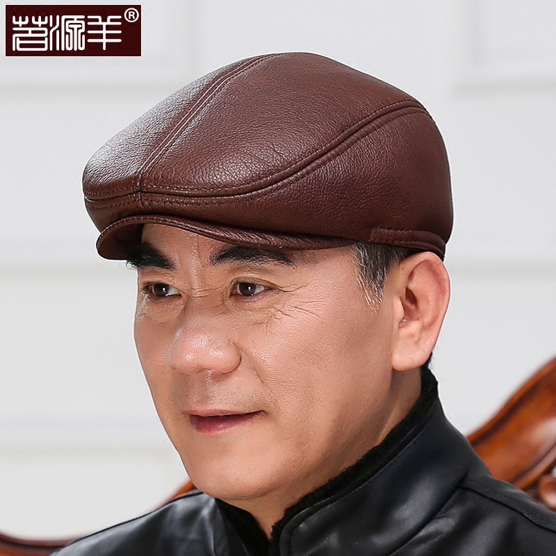 茗源羊中老年人帽子男士真皮秋冬天厚保暖护耳户外休闲鸭舌帽牛皮