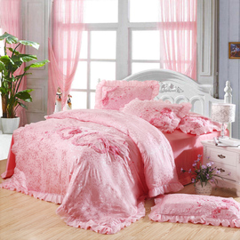 婚庆床品纯棉四件套全棉贡缎提花真丝绸缎结婚床上用品粉色床单式