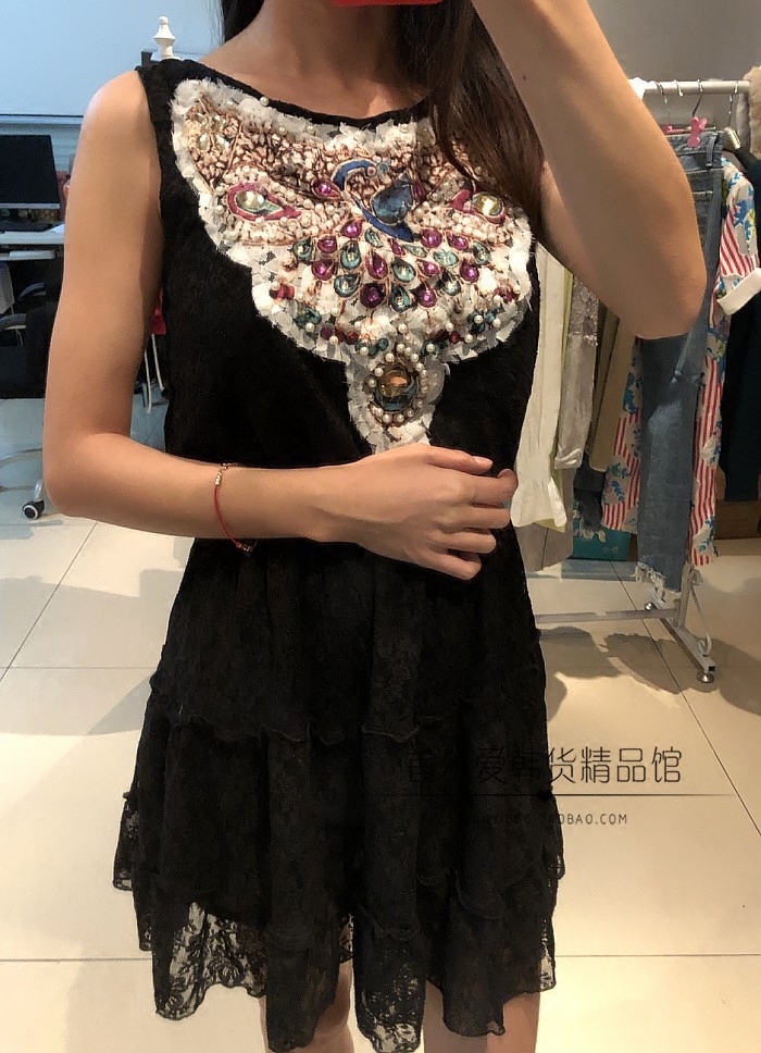 现~韩国东大门代购夏季新款蕾丝裙 水钻立体花朵松紧腰蕾丝网纱裙
