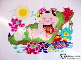 杨柳青年画娃娃款蔚县剪纸10 手工刻 宣纸染色 出国礼品 新年窗花