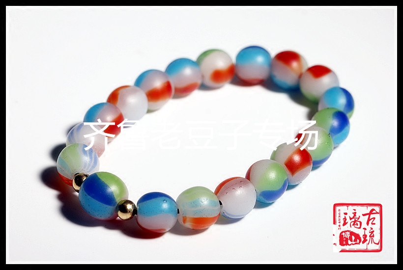 博山老琉璃珠子12mm五彩瓜皮套料灯笼老琉璃圆珠子彩虹珠琉璃手链