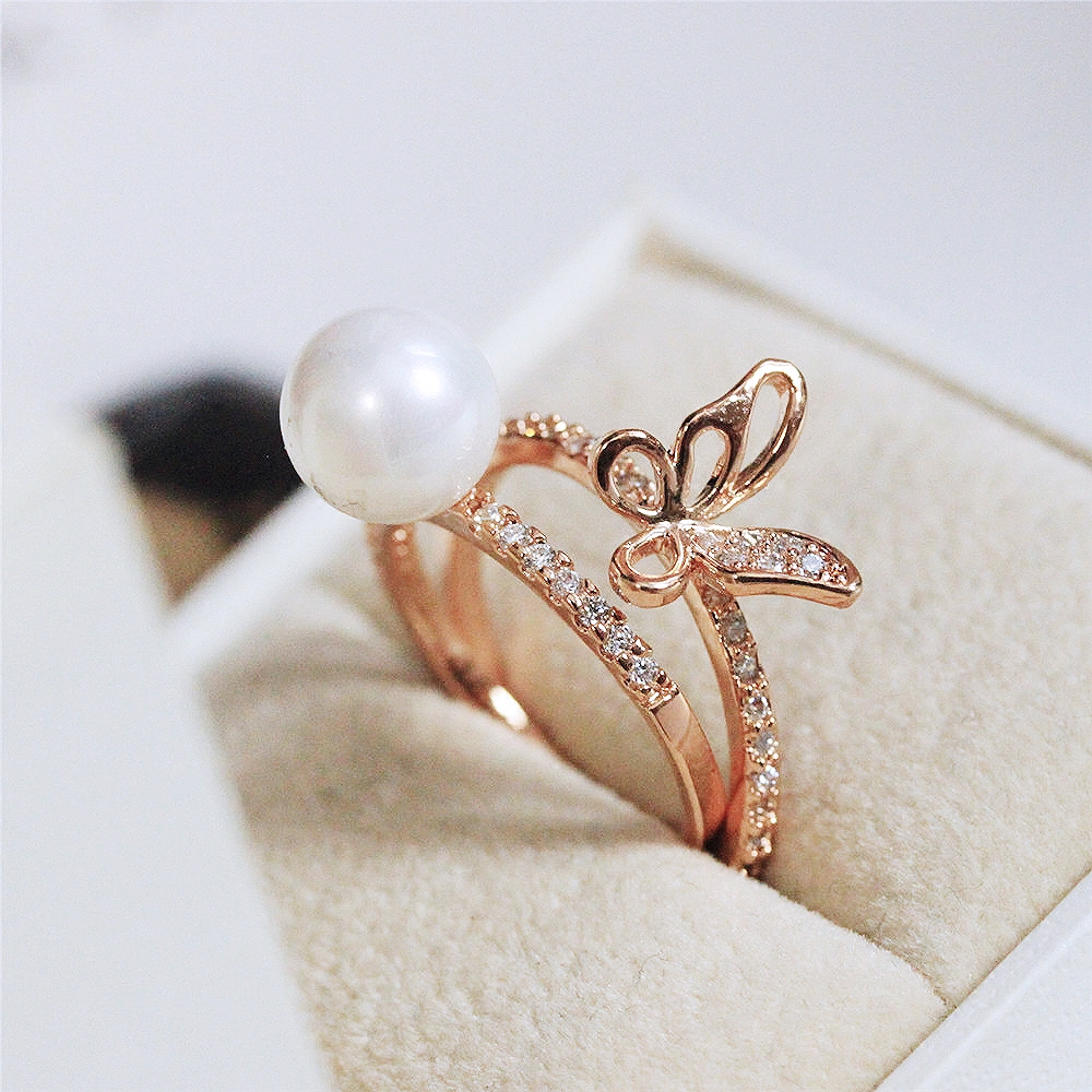 联合格韩国双层锆石蝴蝶珍珠女指环