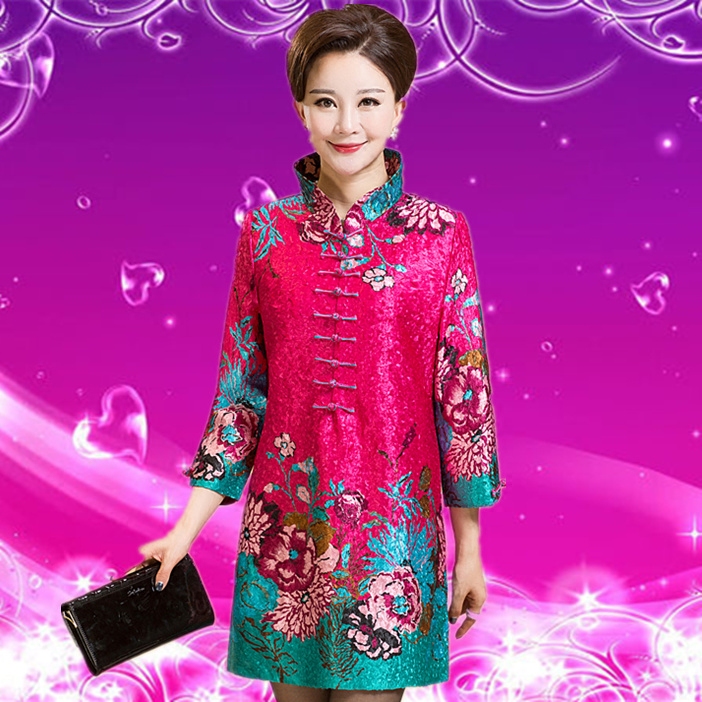 清仓反季真丝连衣裙2022婚宴礼服妈妈装婆婆中长款花旗袍领桑蚕丝