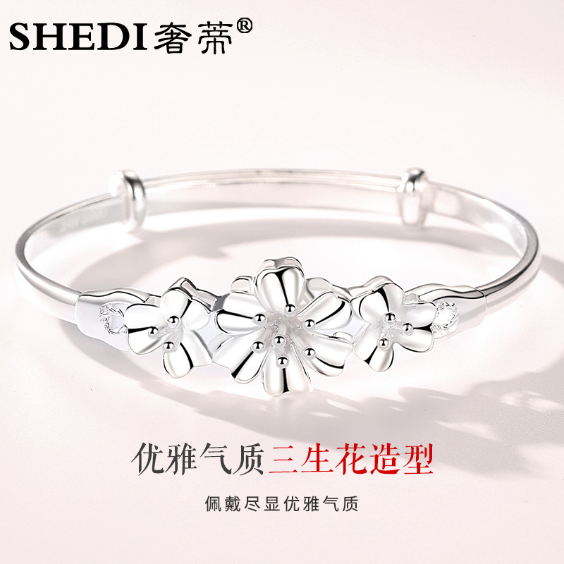 18款三生三世十里桃花纯银手镯女款韩版简约银饰99足银镯子礼物送
