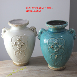 美式乡村花瓶摆件复古家居，装饰品做旧陶瓷干花，花瓶客厅插花花器