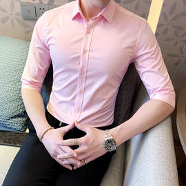 男士短袖衬衫夏季潮流粉色中袖衬衣休闲韩版修身青年七分袖寸衣男