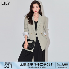 LILY2024春女装都市通勤款撞色条纹复古双排扣休闲西装外套女