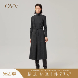 ovv秋冬女装意大利进口羊毛羊绒混纺，收腰a字长袖连衣裙