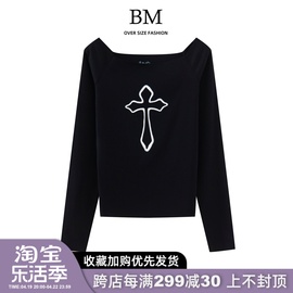 bmfashion美式复古一字肩，十字印花bm长袖t恤卷边修身显瘦上衣女