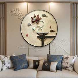 新中式树脂荷花圆挂件客厅，书房背景墙装饰品，走廊过道浮雕淡彩壁饰