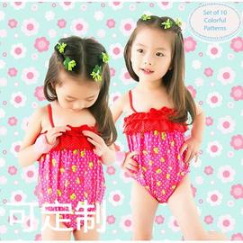 儿童泳衣小中大童宝宝可爱女孩，红色圆点草莓吊带连体泳装温泉度假