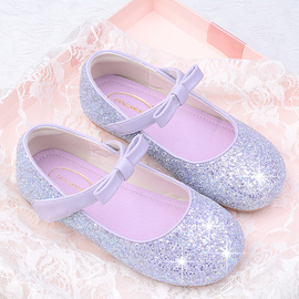 紫色皮鞋3安娜公主鞋女童柔软底单鞋豆豆鞋4儿童伴娘鞋爱莎水晶鞋