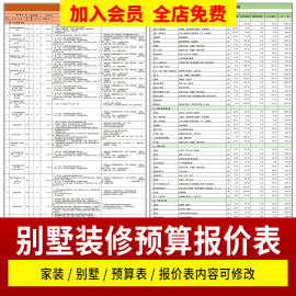 别墅室内装修工程施工预算表报价表自建房家装材料价格工程量清单