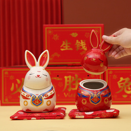 德化陶瓷茶叶罐 网红国潮陶瓷必胜兔子摆件 家居饰品桌面摆件