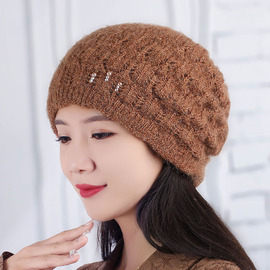 女士冬天保暖包头帽(包头帽)护耳，毛线帽时尚，珍珠水钻松鼠绒柔软防寒针织帽