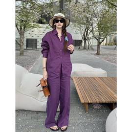 tingtings 紫色亚麻衬衫套装女夏高级感宽松防晒上衣阔腿裤两件套