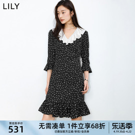 LILY2024春女装浪漫撞色花边领复古波点印花V领高腰款连衣裙