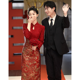 新中式酒红色旗袍订婚礼服平时可穿敬酒服2024新娘小个子衣服
