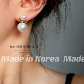 韩国纯10k金耳扣女大小白珍珠耳环，个性轻奢高级感耳饰2023年