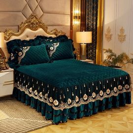 欧式水晶绒夹棉床裙单件秋冬加厚蕾丝床罩1.5m1.8米床套防滑床单