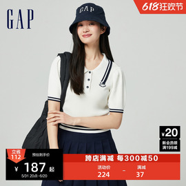 gap女装2024春夏logo撞色条纹泡泡袖，翻领针织衫短上衣891736