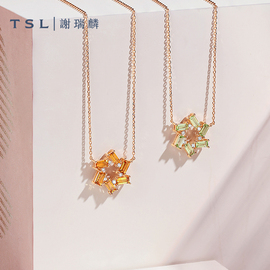 TSL谢瑞麟炫彩系列18K金彩宝钻石项链橄榄石黄水晶套链BD357-358