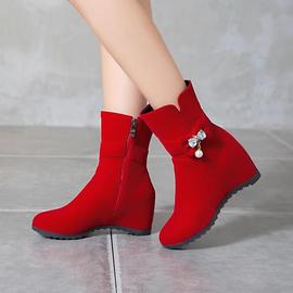 冬季婚鞋女2024年红鞋坡跟，结婚高跟鞋内增高新娘红色秋冬短靴