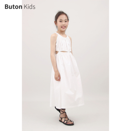 Buton Kids女童白色腰间镂空连衣裙夏季全棉气质长裙亲子装潮