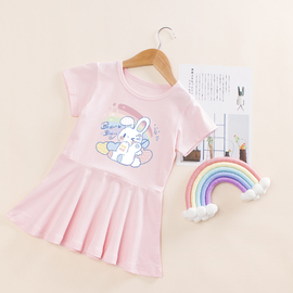 女童短袖连衣裙夏装儿童小裙子，纯棉薄款，甜美宝宝夏季兔子图案衣服