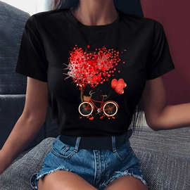 Women T Shirt 夏季时尚红色爱心自行车印花显瘦女士黑色T恤