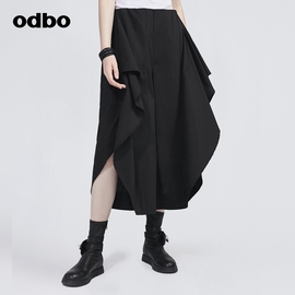 odbo/欧迪比欧原创设计黑色不对称阔腿裤女秋装休闲裙裤