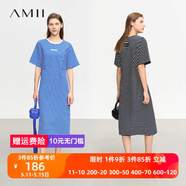 amii2024夏细条纹精棉，卫衣料蝙蝠袖，短袖中长弹力连衣裙女