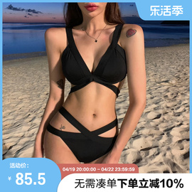 omom黑色性感夏季分体比基尼女泳衣修身显瘦海边沙滩三亚游泳装