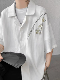 新中式冰丝短袖衬衫男夏季大码国风，竹子刺绣衬衣古巴领七分袖外套