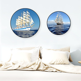 儿童房装饰画圆形有框画一帆风顺帆船，挂画客厅卧室床头餐厅墙壁画
