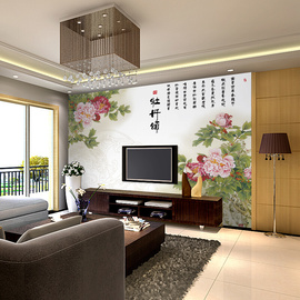 国画现代中式客厅沙发电视背景墙纸壁纸卧室名画牡丹颂花大型壁画