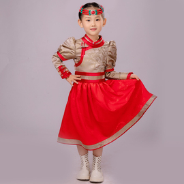 红色儿童女蒙古族长袍民族，风连衣公主，裙节日蓬蓬裙礼服舞蹈演出服
