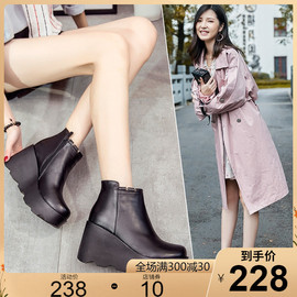 牛皮皮靴2023秋冬真皮厚底，坡跟短靴女高跟裸靴女靴马丁靴棉靴