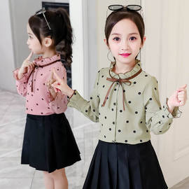 女童衬衫儿童波点上衣雪纺衬衣长袖2022春款大童韩版洋气.