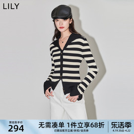 lily2024春女装复古条纹时尚海军，领修身针织，开衫叠穿打底衫女