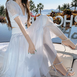 仿天丝套装裙时尚2023法式V领白色上衣高腰长裙气质两件套潮