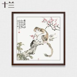 手绘猴子国画正方形客厅走廊，水墨画挂画儿童房，金色年华装饰画壁画