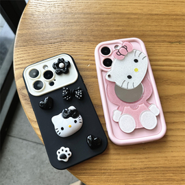 时尚ins少女心hellokitty猫咪补妆镜适用苹果15promax手机壳iphone14131211立体公仔xsmax简约创意大视窗