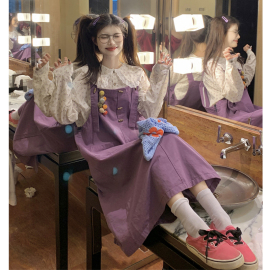 大码女装2024春胖mm甜美娃娃领碎花衬衫+紫色背带裙显瘦套装