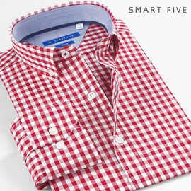 smartfive撞色修身红色格子衬衫男长袖，纯棉时尚青年美式休闲衬衣