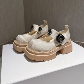 新中式国潮粗跟玛丽珍女鞋，2024水钻一字带乐福，鞋真皮厚底单鞋